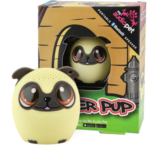 My Audio Pet Power Pup Wireless Bluetooth Speaker with True Wireless Stereo Pug with backyard doghouse box